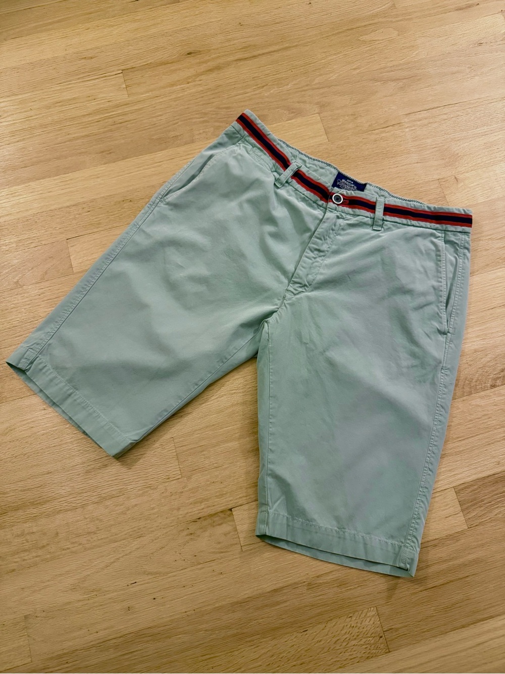 Mason’s Italy Chino Shorts 32 Light Mint Red Stripe Waistband Luxury Cotton